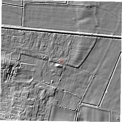 Shaded relief map of the ground around NG138EN, computed from Environment Agency LiDAR. The ground here sits at about 21 m above sea level and falls 7 m across the surrounding 800 m. Surface water reaching this point runs off ground lying to the west, 0.6 m higher.