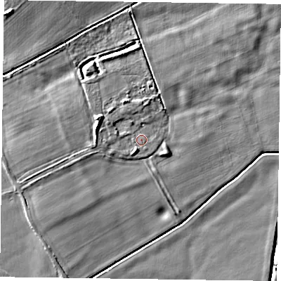 Shaded relief map of the ground around NG138GU, computed from Environment Agency LiDAR. The ground here sits at about 27 m above sea level and falls 8 m across the surrounding 800 m. Surface water reaching this point runs off ground lying to the west-north-west, 2.9 m higher.