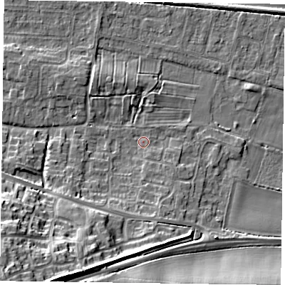 Shaded relief map of the ground around NG138GX, computed from Environment Agency LiDAR. The ground here sits at about 22 m above sea level and falls 22 m across the surrounding 800 m. Surface water reaching this point runs off ground lying to the south-west, 17.8 m higher.