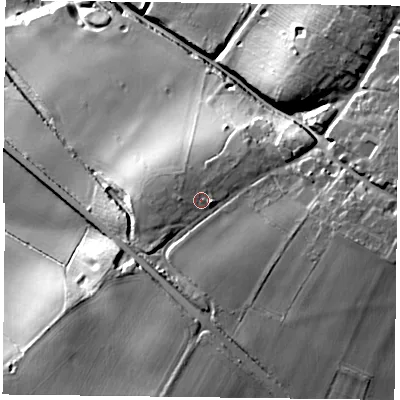 Shaded relief map of the ground around NG138PE, computed from Environment Agency LiDAR. The ground here sits at about 46 m above sea level and falls 35 m across the surrounding 800 m. Surface water reaching this point runs off ground lying to the east, 2.0 m higher.