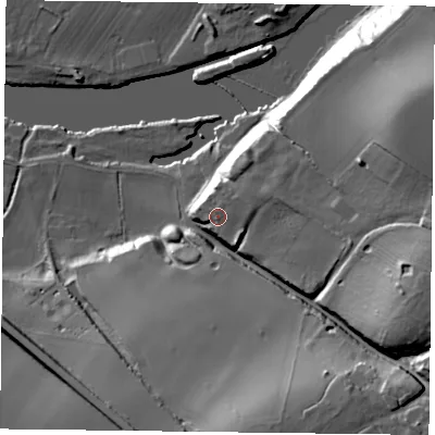Shaded relief map of the ground around NG138PF, computed from Environment Agency LiDAR. The ground here sits at about 27 m above sea level and falls 35 m across the surrounding 800 m. Surface water reaching this point runs off ground lying to the east-north-east, 6.1 m higher.