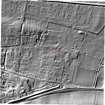 Shaded relief map of the ground around NG138RA, computed from Environment Agency LiDAR. The ground here sits at about 21 m above sea level and falls 20 m across the surrounding 800 m. Surface water reaching this point runs off ground lying to the south-west, 17.9 m higher.