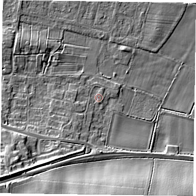 Shaded relief map of the ground around NG138UB, computed from Environment Agency LiDAR. The ground here sits at about 22 m above sea level and falls 19 m across the surrounding 800 m. Surface water reaching this point runs off ground lying to the south-west, 1.3 m higher.