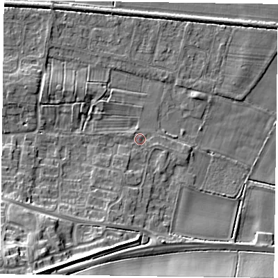 Shaded relief map of the ground around NG138UD, computed from Environment Agency LiDAR. The ground here sits at about 21 m above sea level and falls 17 m across the surrounding 800 m. Surface water reaching this point runs off ground lying to the south-west, 15.7 m higher.