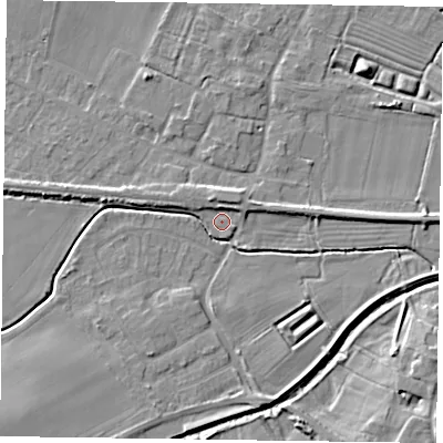 Shaded relief map of the ground around NG139AA, computed from Environment Agency LiDAR. The ground here sits at about 21 m above sea level and falls 7 m across the surrounding 800 m. Surface water reaching this point runs off ground lying to the north-north-east, 2.7 m higher.