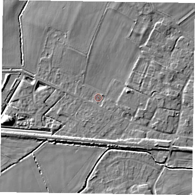 Shaded relief map of the ground around NG139AE, computed from Environment Agency LiDAR. The ground here sits at about 21 m above sea level and falls 6 m across the surrounding 800 m. Surface water reaching this point runs off ground lying to the east-north-east, 2.6 m higher.