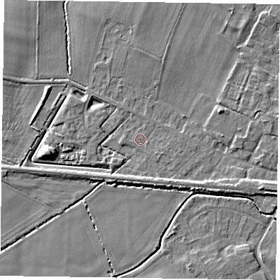 Shaded relief map of the ground around NG139AG, computed from Environment Agency LiDAR. The ground here sits at about 21 m above sea level and falls 6 m across the surrounding 800 m. Surface water reaching this point runs off ground lying to the south-east, 0.8 m higher.