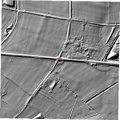 Shaded relief map of the ground around NG139AH, computed from Environment Agency LiDAR. The ground here sits at about 22 m above sea level and falls 7 m across the surrounding 800 m. Surface water reaching this point runs off ground lying to the north-west, 2.2 m higher.