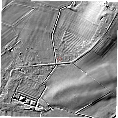 Shaded relief map of the ground around NG139AP, computed from Environment Agency LiDAR. The ground here sits at about 20 m above sea level and falls 10 m across the surrounding 800 m. Surface water reaching this point runs off ground lying to the east-south-east, 2.1 m higher.