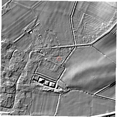Shaded relief map of the ground around NG139AQ, computed from Environment Agency LiDAR. The ground here sits at about 21 m above sea level and falls 8 m across the surrounding 800 m. Surface water reaching this point runs off ground lying to the east-north-east, 6.4 m higher.