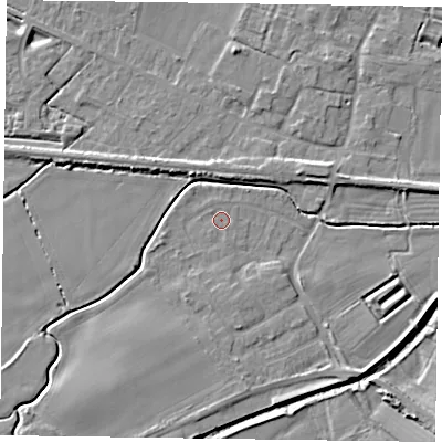 Shaded relief map of the ground around NG139AU, computed from Environment Agency LiDAR. The ground here sits at about 21 m above sea level and falls 6 m across the surrounding 800 m. Surface water reaching this point runs off ground lying to the south-south-west, 1.7 m higher.