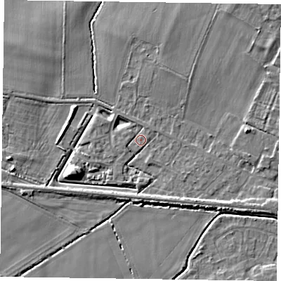 Shaded relief map of the ground around NG139BJ, computed from Environment Agency LiDAR. The ground here sits at about 21 m above sea level and falls 6 m across the surrounding 800 m. Surface water reaching this point runs off ground lying to the south-east, 1.0 m higher.