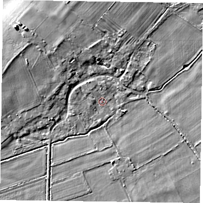 Shaded relief map of the ground around NG139BQ, computed from Environment Agency LiDAR. The ground here sits at about 20 m above sea level and falls 9 m across the surrounding 800 m. Surface water reaching this point runs off ground lying to the west-north-west, 1.5 m higher.