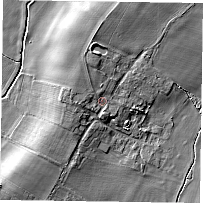 Shaded relief map of the ground around NG139DD, computed from Environment Agency LiDAR. The ground here sits at about 21 m above sea level and falls 10 m across the surrounding 800 m. Surface water reaching this point runs off ground lying to the west, 2.4 m higher.