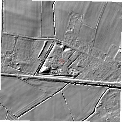 Shaded relief map of the ground around NG139DJ, computed from Environment Agency LiDAR. The ground here sits at about 21 m above sea level and falls 6 m across the surrounding 800 m. Surface water reaching this point runs off ground lying to the west-north-west, 0.6 m higher.