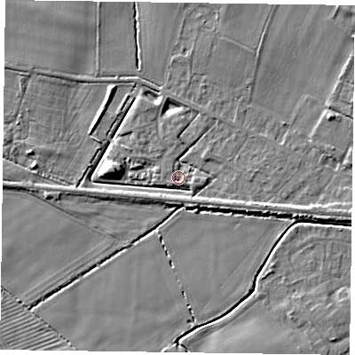 Shaded relief map of the ground around NG139DL, computed from Environment Agency LiDAR. The ground here sits at about 21 m above sea level and falls 6 m across the surrounding 800 m. Surface water reaching this point runs off ground lying to the east-south-east, 4.0 m higher.