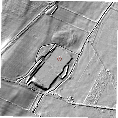 Shaded relief map of the ground around NG139DU, computed from Environment Agency LiDAR. The ground here sits at about 20 m above sea level and falls 9 m across the surrounding 800 m. The ground contributing surface water to this point lies to the south-south-west.