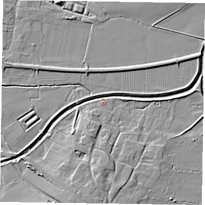 Shaded relief map of the ground around NG139EJ, computed from Environment Agency LiDAR. The ground here sits at about 22 m above sea level and falls 9 m across the surrounding 800 m. Surface water reaching this point runs off ground lying to the south-south-west, 6.6 m higher.