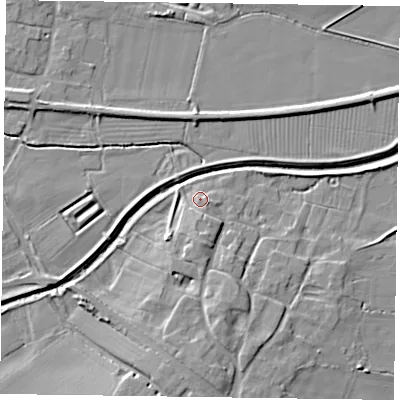 Shaded relief map of the ground around NG139EN, computed from Environment Agency LiDAR. The ground here sits at about 23 m above sea level and falls 9 m across the surrounding 800 m. Surface water reaching this point runs off ground lying to the south, 2.7 m higher.