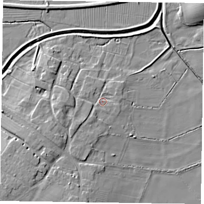 Shaded relief map of the ground around NG139EP, computed from Environment Agency LiDAR. The ground here sits at about 24 m above sea level and falls 10 m across the surrounding 800 m. Surface water reaching this point runs off ground lying to the south-west, 3.4 m higher.