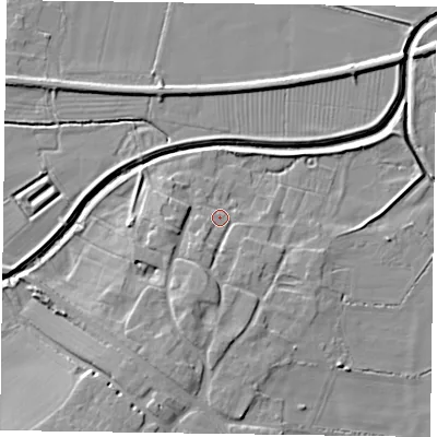 Shaded relief map of the ground around NG139EQ, computed from Environment Agency LiDAR. The ground here sits at about 23 m above sea level and falls 10 m across the surrounding 800 m. Surface water reaching this point runs off ground lying to the south-south-west, 5.8 m higher.