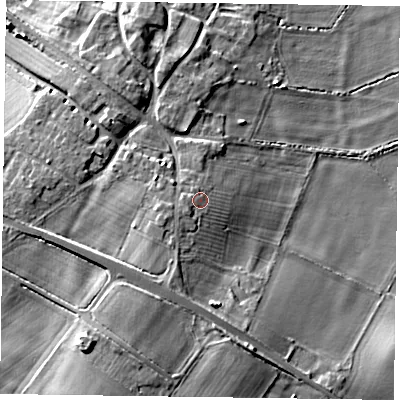 Shaded relief map of the ground around NG139EU, computed from Environment Agency LiDAR. The ground here sits at about 27 m above sea level and falls 11 m across the surrounding 800 m. Surface water reaching this point runs off ground lying to the west, 1.4 m higher.