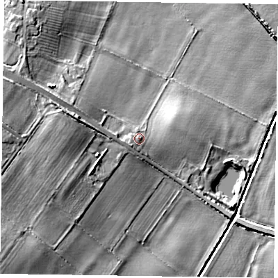 Shaded relief map of the ground around NG139EW, computed from Environment Agency LiDAR. The ground here sits at about 26 m above sea level and falls 10 m across the surrounding 800 m. Surface water reaching this point runs off ground lying to the west-south-west, 1.3 m higher.