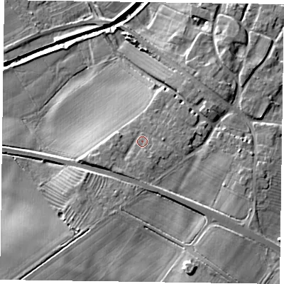Shaded relief map of the ground around NG139FD, computed from Environment Agency LiDAR. The ground here sits at about 28 m above sea level and falls 13 m across the surrounding 800 m. Surface water reaching this point runs off ground lying to the south-south-east, 1.3 m higher.