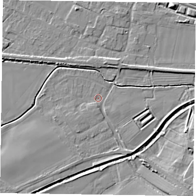 Shaded relief map of the ground around NG139FE, computed from Environment Agency LiDAR. The ground here sits at about 21 m above sea level and falls 9 m across the surrounding 800 m. Surface water reaching this point runs off ground lying to the south, 1.6 m higher.
