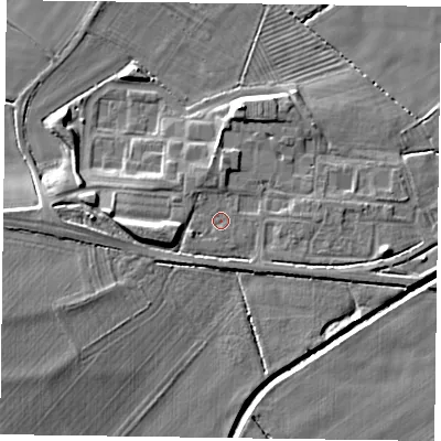 Shaded relief map of the ground around NG139FL, computed from Environment Agency LiDAR. The ground here sits at about 23 m above sea level and falls 8 m across the surrounding 800 m. Surface water reaching this point runs off ground lying to the west, 5.0 m higher.