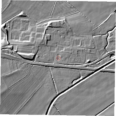 Shaded relief map of the ground around NG139FN, computed from Environment Agency LiDAR. The ground here sits at about 23 m above sea level and falls 7 m across the surrounding 800 m. Surface water reaching this point runs off ground lying to the west-south-west, 1.9 m higher.