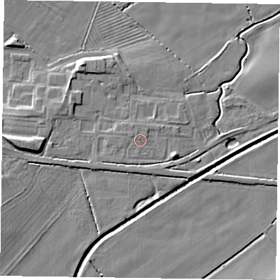 Shaded relief map of the ground around NG139FP, computed from Environment Agency LiDAR. The ground here sits at about 23 m above sea level and falls 7 m across the surrounding 800 m. Surface water reaching this point runs off ground lying to the north-north-east, 0.5 m higher.