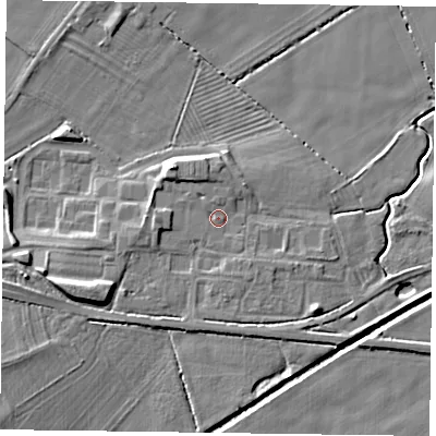 Shaded relief map of the ground around NG139FQ, computed from Environment Agency LiDAR. The ground here sits at about 23 m above sea level and falls 7 m across the surrounding 800 m. Surface water reaching this point runs off ground lying to the west-south-west, 5.0 m higher.