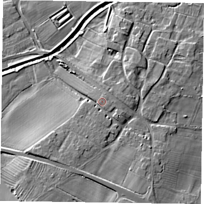 Shaded relief map of the ground around NG139FR, computed from Environment Agency LiDAR. The ground here sits at about 27 m above sea level and falls 11 m across the surrounding 800 m. Surface water reaching this point runs off ground lying to the south, 2.1 m higher.