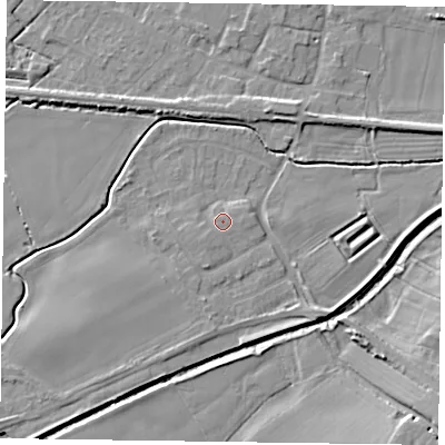 Shaded relief map of the ground around NG139FU, computed from Environment Agency LiDAR. The ground here sits at about 22 m above sea level and falls 9 m across the surrounding 800 m. Surface water reaching this point runs off ground lying to the south-west, 0.9 m higher.