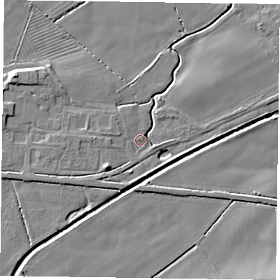 Shaded relief map of the ground around NG139FW, computed from Environment Agency LiDAR. The ground here sits at about 22 m above sea level and falls 7 m across the surrounding 800 m. Surface water reaching this point runs off ground lying to the south-west, 5.0 m higher.