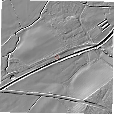 Shaded relief map of the ground around NG139FX, computed from Environment Agency LiDAR. The ground here sits at about 22 m above sea level and falls 10 m across the surrounding 800 m. Surface water reaching this point runs off ground lying to the south-west, 1.2 m higher.