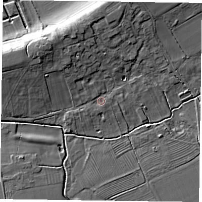 Shaded relief map of the ground around NG139HD, computed from Environment Agency LiDAR. The ground here sits at about 30 m above sea level and falls 12 m across the surrounding 800 m. Surface water reaching this point runs off ground lying to the north-north-west, 8.4 m higher.