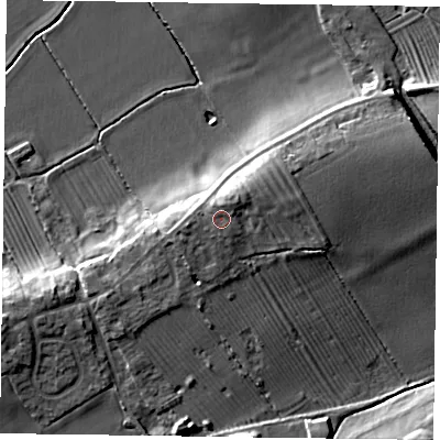 Shaded relief map of the ground around NG139JP, computed from Environment Agency LiDAR. The ground here sits at about 35 m above sea level and falls 14 m across the surrounding 800 m. Surface water reaching this point runs off ground lying to the north-east, 1.1 m higher.