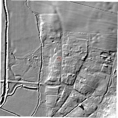 Shaded relief map of the ground around NG139NU, computed from Environment Agency LiDAR. The ground here sits at about 22 m above sea level and falls 14 m across the surrounding 800 m. Surface water reaching this point runs off ground lying to the east-north-east, 3.3 m higher.