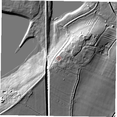 Shaded relief map of the ground around NG139PD, computed from Environment Agency LiDAR. The ground here sits at about 27 m above sea level and falls 13 m across the surrounding 800 m. Surface water reaching this point runs off ground lying to the south-south-west, 2.8 m higher.
