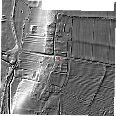 Shaded relief map of the ground around NG139PE, computed from Environment Agency LiDAR. The ground here sits at about 28 m above sea level and falls 15 m across the surrounding 800 m. Surface water reaching this point runs off ground lying to the east-north-east, 2.4 m higher.