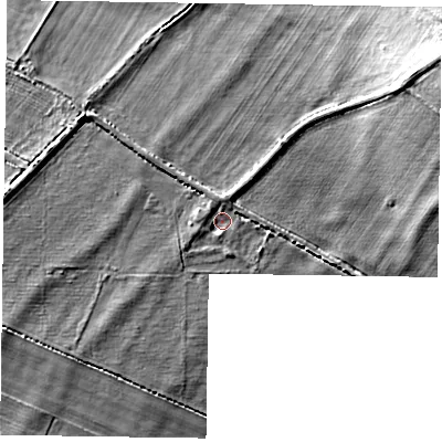 Shaded relief map of the ground around NG139PL, computed from Environment Agency LiDAR. The ground here sits at about 31 m above sea level and falls 10 m across the surrounding 800 m. Surface water reaching this point runs off ground lying to the west, 5.1 m higher.