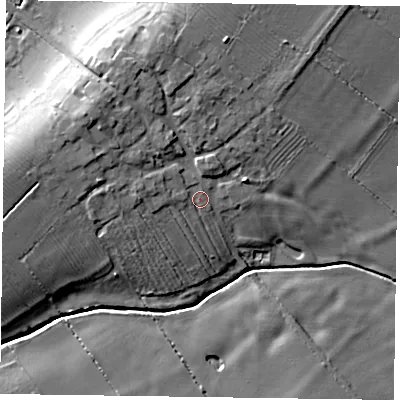 Shaded relief map of the ground around NG139PX, computed from Environment Agency LiDAR. The ground here sits at about 32 m above sea level and falls 15 m across the surrounding 800 m. Surface water reaching this point runs off ground lying to the north-west, 6.7 m higher.