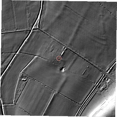 Shaded relief map of the ground around NG139QE, computed from Environment Agency LiDAR. The ground here sits at about 26 m above sea level and falls 14 m across the surrounding 800 m. The ground contributing surface water to this point lies to the north-east.