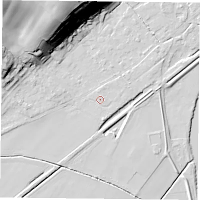Shaded relief map of the ground around NG145AA, computed from Environment Agency LiDAR. The ground here sits at about 20 m above sea level and falls 45 m across the surrounding 800 m. Surface water reaching this point runs off ground lying to the south, 1.5 m higher.