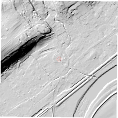 Shaded relief map of the ground around NG145AE, computed from Environment Agency LiDAR. The ground here sits at about 19 m above sea level and falls 47 m across the surrounding 800 m. Surface water reaching this point runs off ground lying to the west, 1.0 m higher.