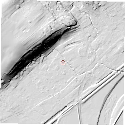 Shaded relief map of the ground around NG145AG, computed from Environment Agency LiDAR. The ground here sits at about 19 m above sea level and falls 49 m across the surrounding 800 m. Surface water reaching this point runs off ground lying to the west-north-west, 45.9 m higher.