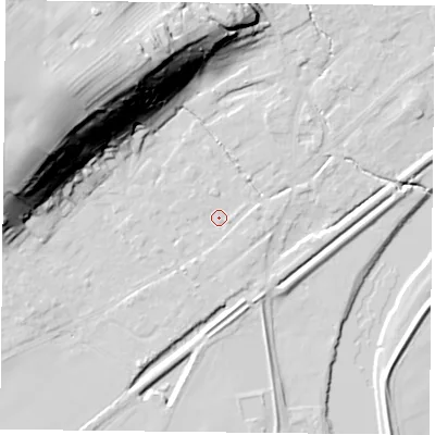 Shaded relief map of the ground around NG145AH, computed from Environment Agency LiDAR. The ground here sits at about 19 m above sea level and falls 48 m across the surrounding 800 m. Surface water reaching this point runs off ground lying to the south-south-west, 1.1 m higher.