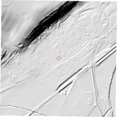 Shaded relief map of the ground around NG145AL, computed from Environment Agency LiDAR. The ground here sits at about 19 m above sea level and falls 50 m across the surrounding 800 m. Surface water reaching this point runs off ground lying to the north-west, 48.4 m higher.